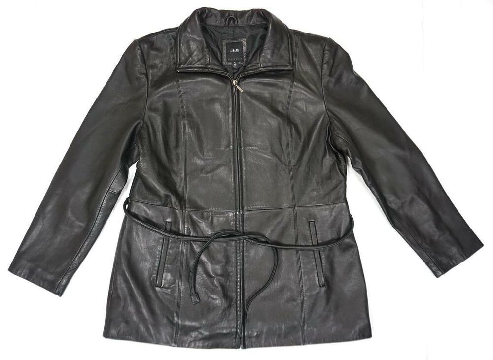 JLC NEW YORK WOM XL USED SOFT LEATHER BLACK TIE BELT FITTED LONG JACKET/COAT